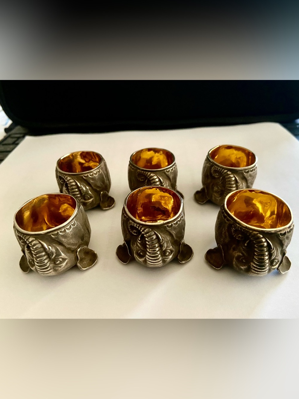Russian 84 Silver set of 6 small elephants head vodka stirrup cup-shot Hallmark